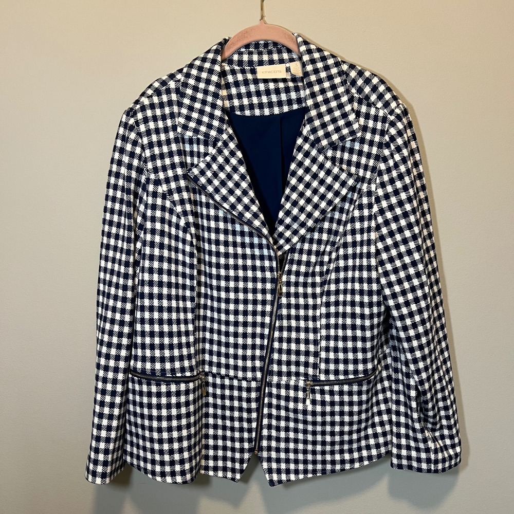 Chico's Gingham‎ Moto Jacket Navy Blue White Check Asymmetrical Zip XL